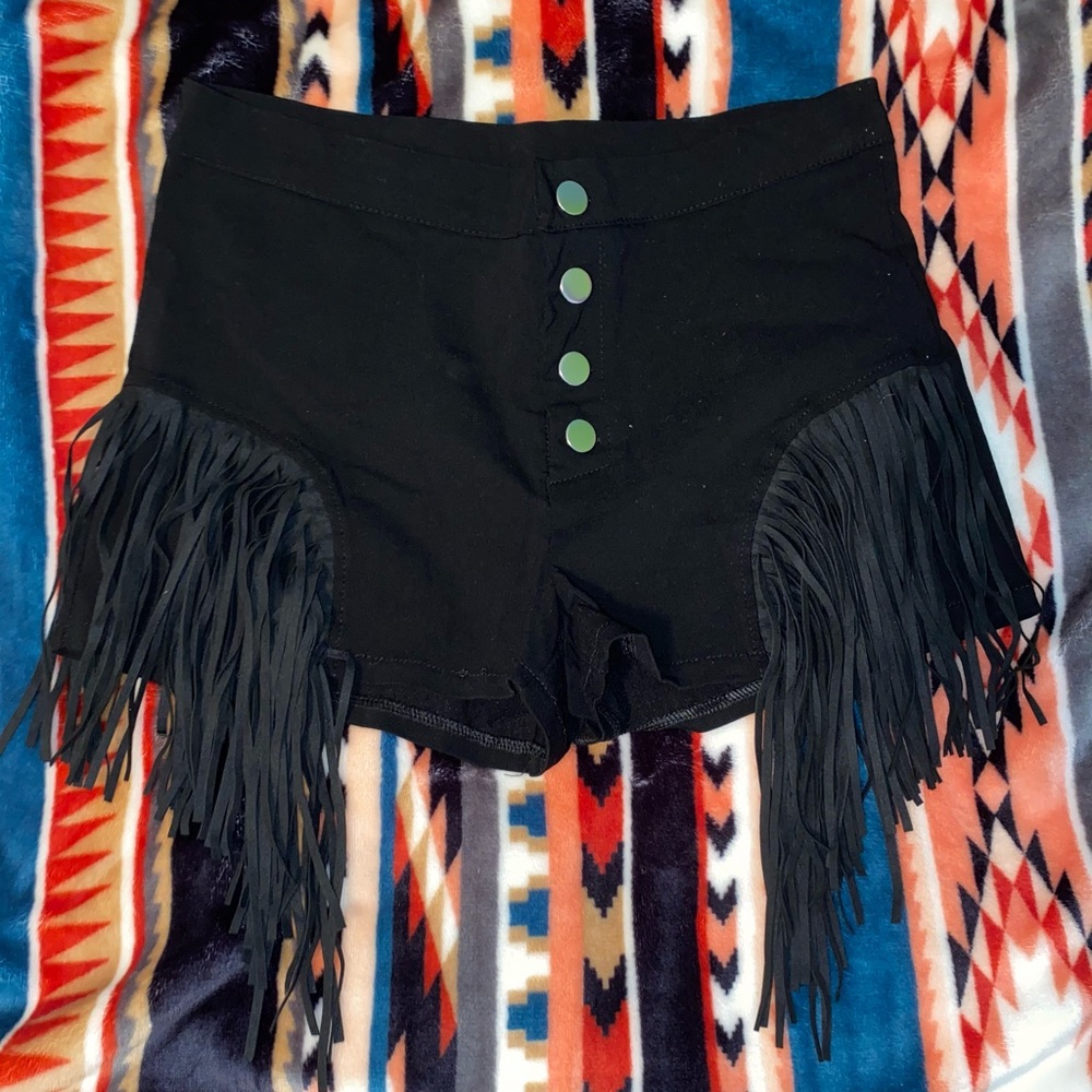 Black Fringe High Rise Stretchy Shorts